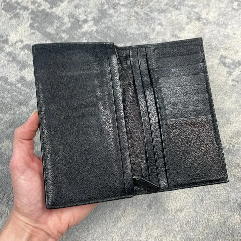 Bvlgari Ribbed Nylon Long Bifold Wallet Black Branded Plaque Designer